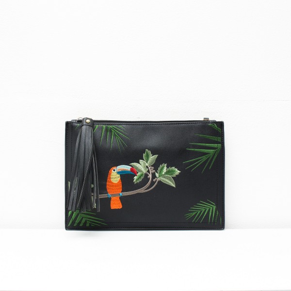 Black Embroidered Toucan Clutch C17XX3160